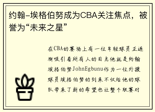 约翰-埃格伯努成为CBA关注焦点，被誉为“未来之星”